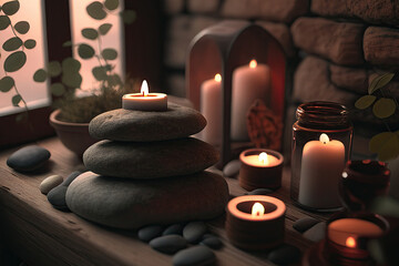 Obraz na płótnie Canvas Zen stones and burning candles in the room. Set for spa treatment and relax concept. Cozy home interior. Created with Generative AI