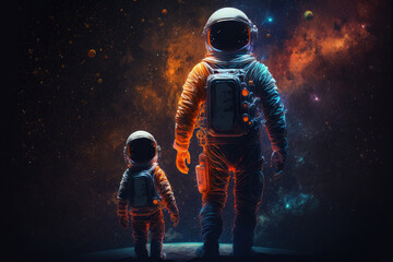Fototapeta premium Astronauts in space suits on unknown planet surface. Father and son astronauts exploring space. Created with generative ai