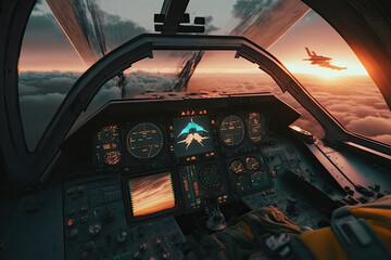 Jet fighter cockpit at sunset. Military aviation. Created with Generative AI