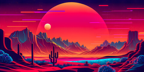 Retrowave Mars landscape, Vintage style illustration, Generative AI