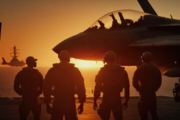 Military pilots near jet fighter at sunset. Military aviation. Created with Generative AI