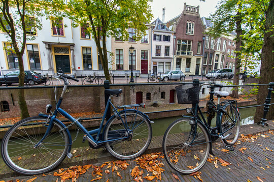 Bikes near the canal in city center of Utrecht, Netherlands