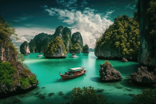 Beautiful scenery. Phuket Seascape. Picturesque sea and islands in Thailand, complete with the country's signature boats. Places to go and have adventures. Generative AI