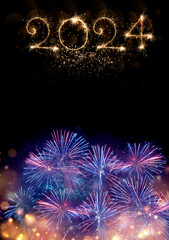 Happy New Year 2024. Sparkling burning numbers Year 2024 with beautiful blue and pink fireworks. Template for holiday greeting card, flyer, billboard and banner. Holiday web banner with sparkling text