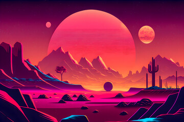 Retrowave Mars landscape, Vintage style illustration, Generative AI