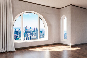 empty luxurious loft apartment with arched window and panoramic view over urban downtown; noble interior design mock up with white curtain and wooden floor; 3D Illustration