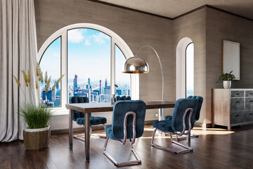 luxurious loft apartment with arched window and panoramic view over urban downtown; noble dining room interior design mock up; 3D Illustration