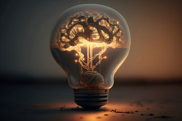 An artistic collage depicting a light bulb-shaped brain full of ideas and knowledge, human development, generative ai
