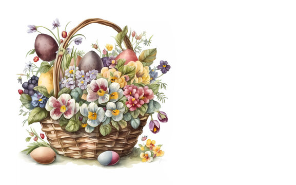 Easter basket with eggs and flowers on a white background. Banner. copy space. generative ai
