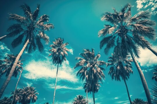 Clear blue sky with coconut palm trees in the backdrop. Dressing in a classic manner. Instagram filter toned photo. Generative AI
