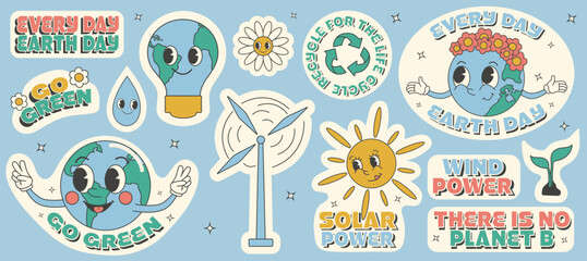 Y2k groovy earth day cartoon sticket set. Environmental protection. Save green planet and ecology concept. Slogans and phrases
