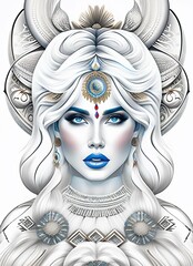 un dessin d'une femme aux cheveux blancs et aux yeux bleus, art numérique par Jeremiah Ketner, gagnant du concours behance, art psychédélique, behance hd, illustration numérique, peinture détaillée - obrazy, fototapety, plakaty
