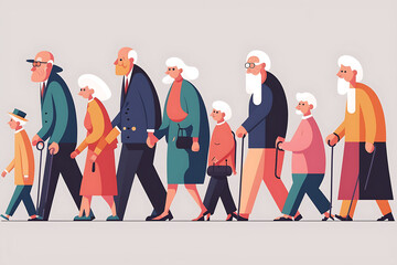 Flat vector illustration Full length profile shot of a group of people walking, from crawling babies to elderly people  