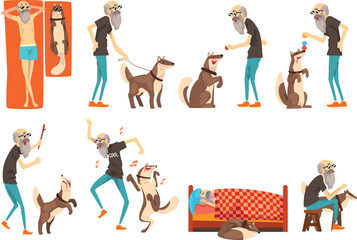 Elderly pet owner and dog. Senior man walking, training, playing with four legged animal friend cartoon vector Illustration