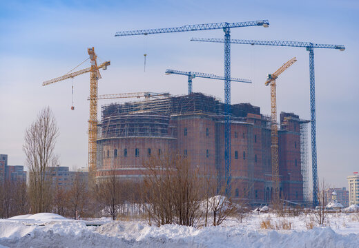 People's Salvation Cathedral (Catedrala Mantuirii Neamului), the biggest christian orthodox cathedral under construction in Bucharest, Romania, in a frozon and snowy winter day