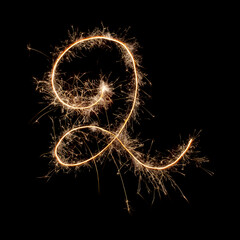 Sparkling burning creative number 2 isolated on black background. Beautiful glowing golden overlay object for design holiday greeting card. Creative lettering number 2 written with burning sparklers