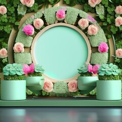 3D display podium with leaves and flora on pastel background. Minimal Jungle exotic green plant composition for product promotion. stand platform for branding and products. 3D render