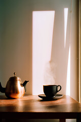 Cup of hot coffee on a dark wooden table with a golden teapot beside it. Soft lighting and bare walls create a warm and relaxing atmosphere. Created by Artificial Intelligence.