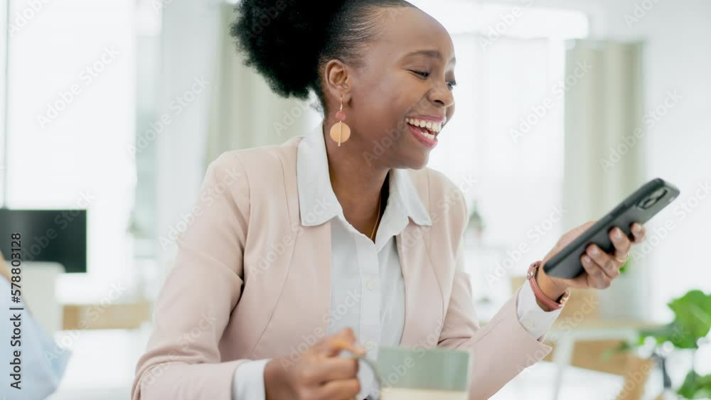 Poster Social media, break and black woman with a phone and coffee for a chat, meme or message. Happy, funny and laughing African employee drinking tea while reading communication on a mobile app at work