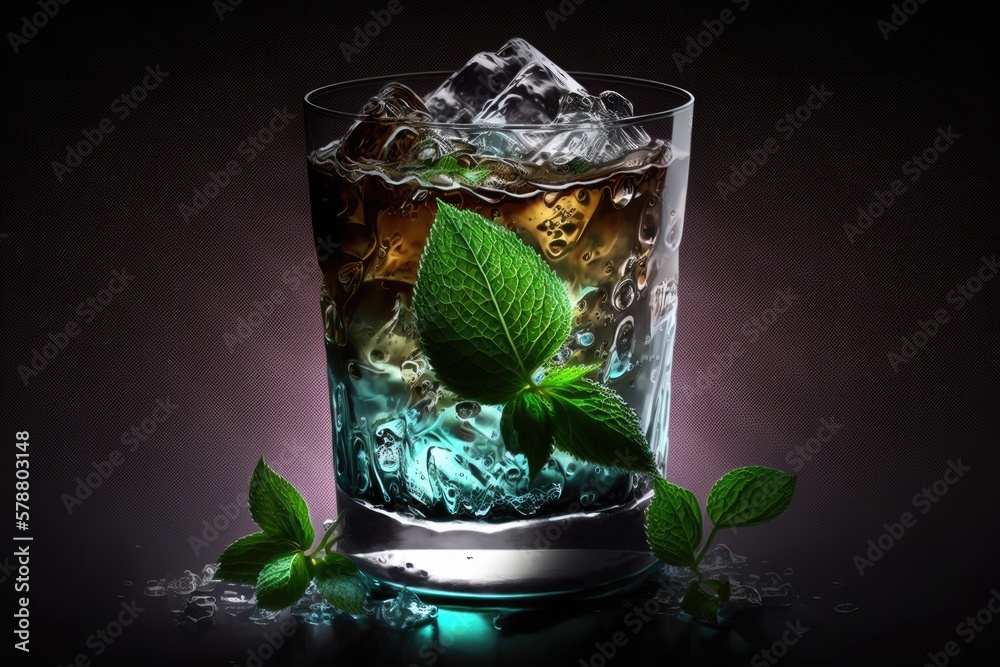 Poster An iced mint tea in a glass, with a sprig of mint on the rim. An ice cold drink produced with love. Generative AI