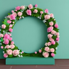 3D display podium with leaves and flora on pastel background. Minimal Jungle exotic green plant composition for product promotion. stand platform for branding and products. 3D render