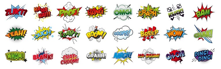 Obraz premium Pop art style comic sound effects, PNG Cartoon explosions, sound expression and comic speech bubble, set 1
