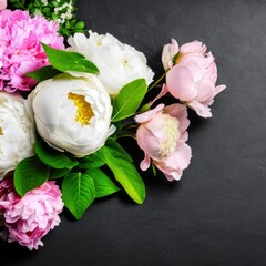 beautiful flowers bouquet: different flowers, on gray background. Flat lay, top view. Floral