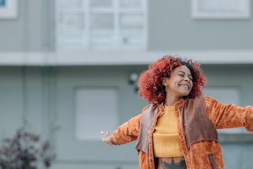 girl on the street excited with happy joy