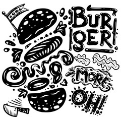 Burger FastFood Menu. Brutal drawn sketch. Cartoon vector picture.
