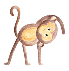Fototapeta premium Watercolor hand drawn monkey baby doing yoga asanas poses.Aquarelle painted web element flexibility position animal standing hands up.