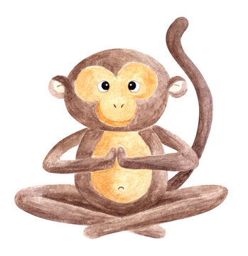 Watercolor hand drawn monkey baby doing yoga asanas poses. Aquarelle painted web element lotus position animal