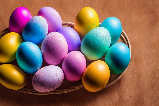 colorful painted eggs on a wooden table for Easter, generative AI