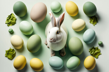Fototapeta Wiosenny królik wielkanocny na tle z jajkami, Spring Easter rabbit on a background with eggs - AI Generated obraz