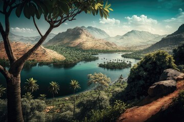On a bright, sunny day in India's southernmost state of Tamil Nadu, atop a hill, is a picture perfect panorama of the lake, trees, and palms that make this popular tourist spot. Generative AI