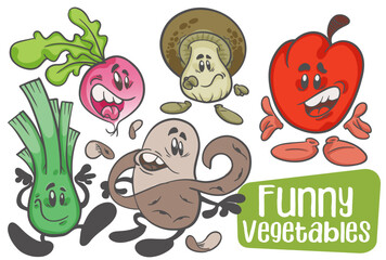 Set of vegetables. Funnny cartoon character. Vector isolated background