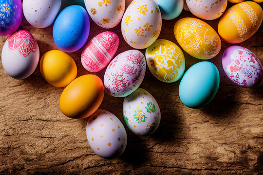 colorful painted eggs on a wooden table for Easter, generative AI