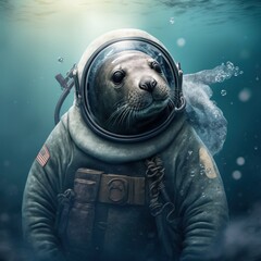 Seal diver underwater wearing diving suit. Concept of mammals sea life and diving equipment. Generative AI - obrazy, fototapety, plakaty