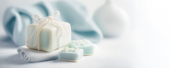 Soap, towel in bathroom, on blurred spa background. with copy space. digital art