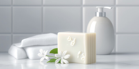 Fototapeta premium Soap, towel in bathroom, on blurred spa background. with copy space. digital art