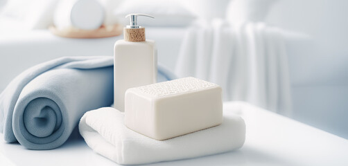 Soap, towel in bathroom, on blurred bathroom background. with copy space. digital art