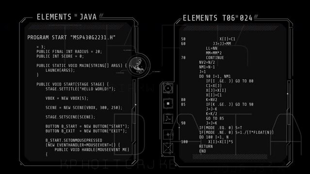 Animated HUD windows with lines of code.