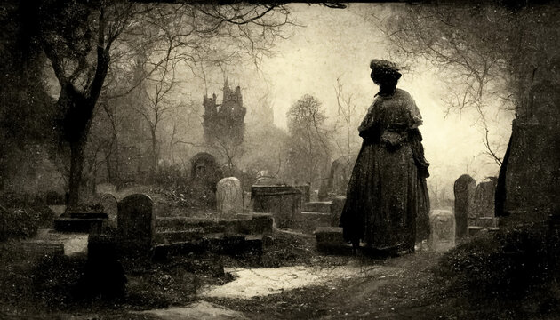 Gloomy dark, mystic, spooky landscape, old Victorian photo style. Ghosts in abandoned church ruins. Generative AI
