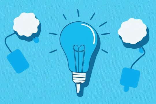Paperclip, thought bubble, and light bulb on a blue background, representing the concept of great ideas. Generative AI