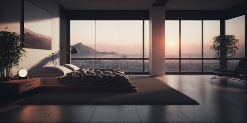 clean minimal house appartment bedroom overlooking city mountains dawn morning