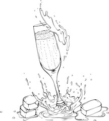 Flute of champagne with ice and water splash. A glass of sparkling wine in line art style. Vector illustrations in hand drawn sketch style isolated on white. Alcohol drink. Liquid drops