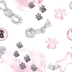 Watercolor illustration of a seamless pattern with accessories for dogs and puppies, with footprints, toys, a ball in pink tones on a transparent background