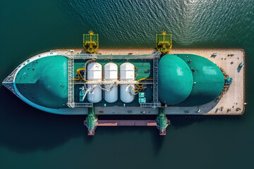AI-generated image of a top-down view of a gas tanker ship with large storage tanks on a calm sea.