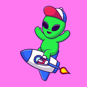 Cool Alien Riding Rocket Cartoon Vector Icons Illustration. Flat Cartoon Concept. Suitable for any creative project.