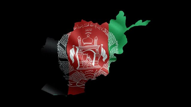 4K waving national flag of Afghanistan on the map. With alpha channel seamless Afghan flag on territory. Outline geographic country border of Afghanistan stock video.