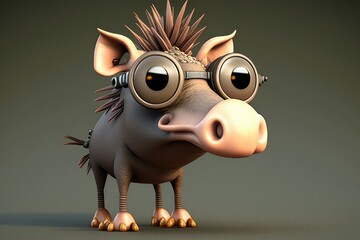 3D cute big eye warthog cartoon. Generative AI